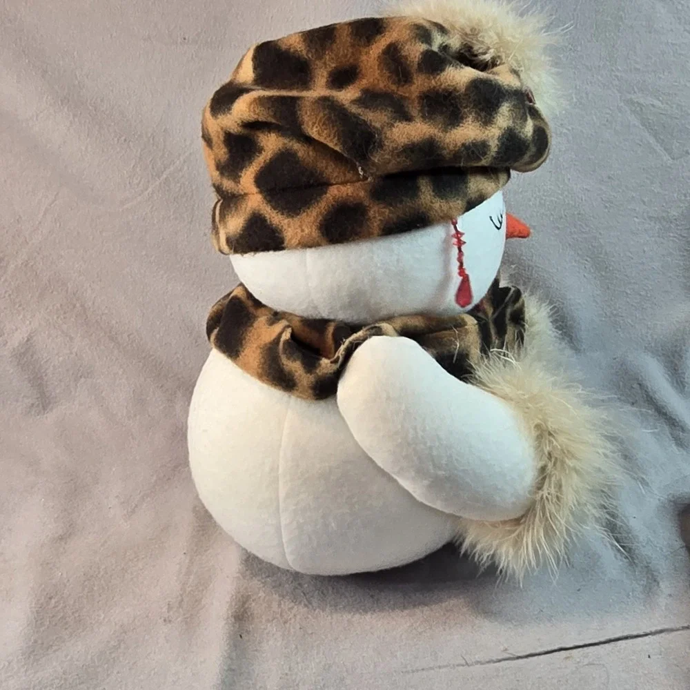 2 Snowman Couple Plushies W/ Leopard Print Scarf Hat Gloves Christmas Winter